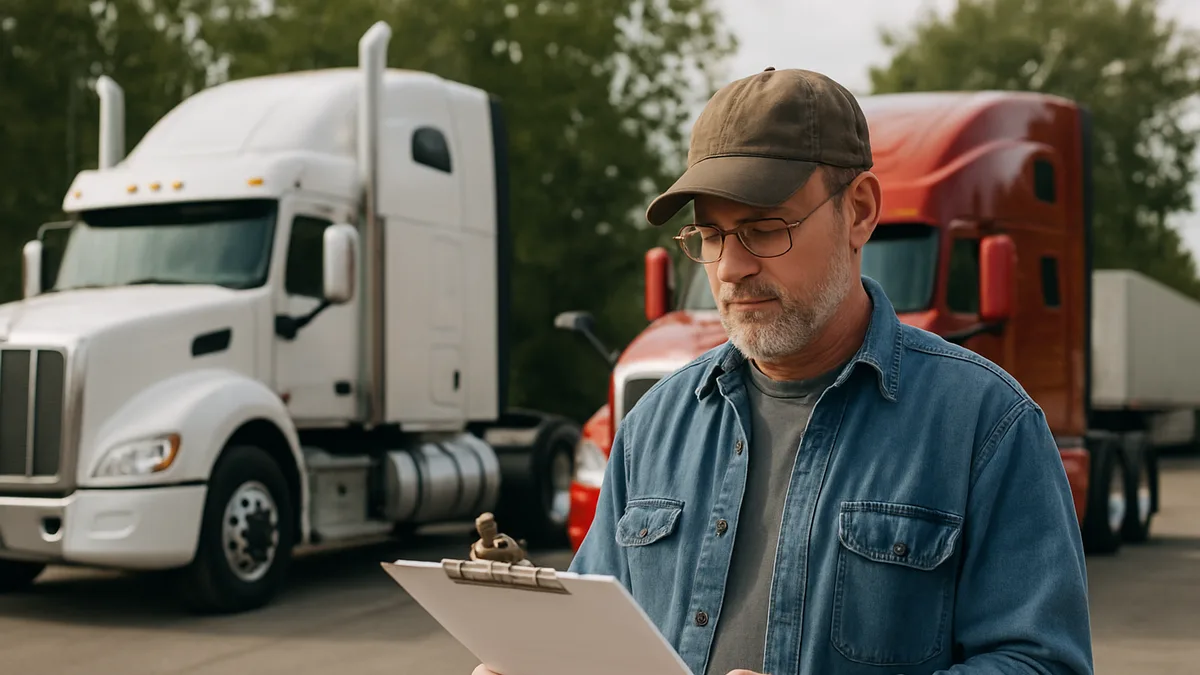 Owner-operator filing UCR registration online at an office desk with a truck visible outside