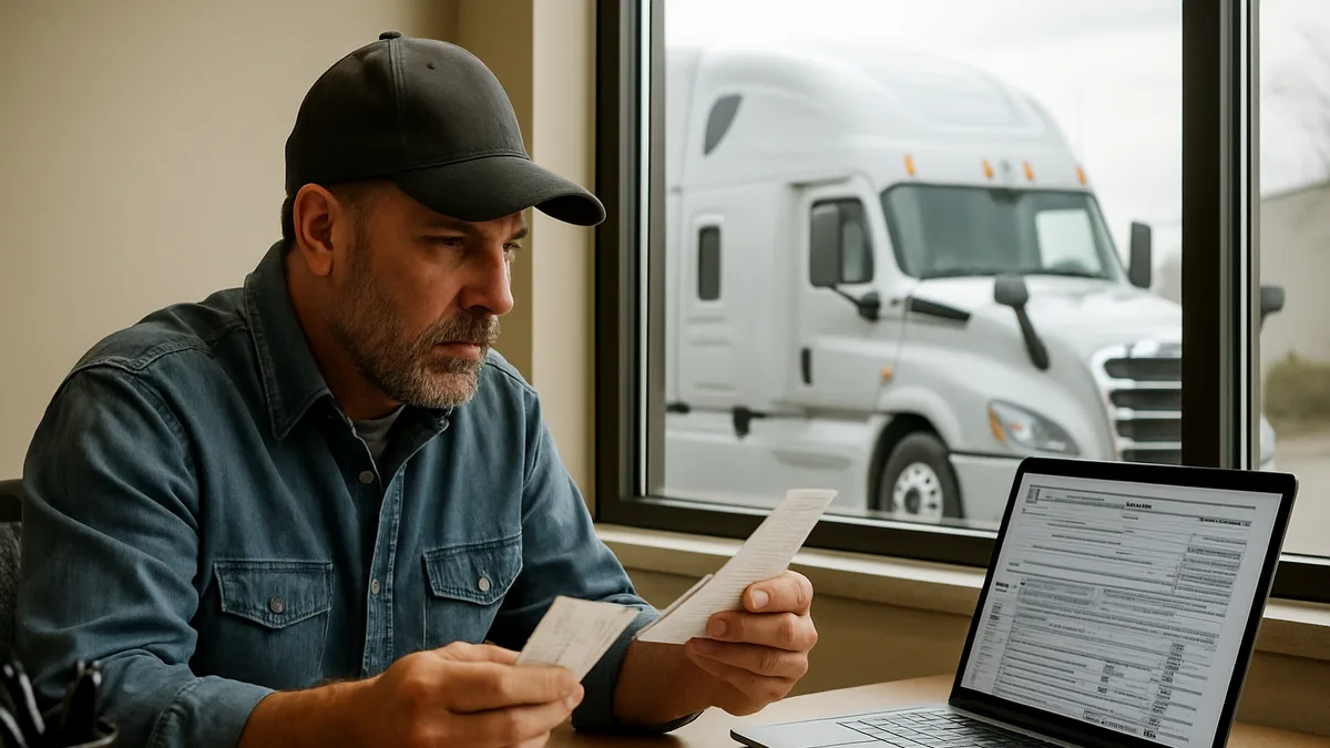 Owner-operator truck driver reviewing fuel receipts and filing an IFTA return on a laptop