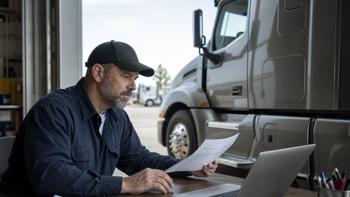 Owner-operator filing MCS-150 biennial update on laptop with semi-truck in background