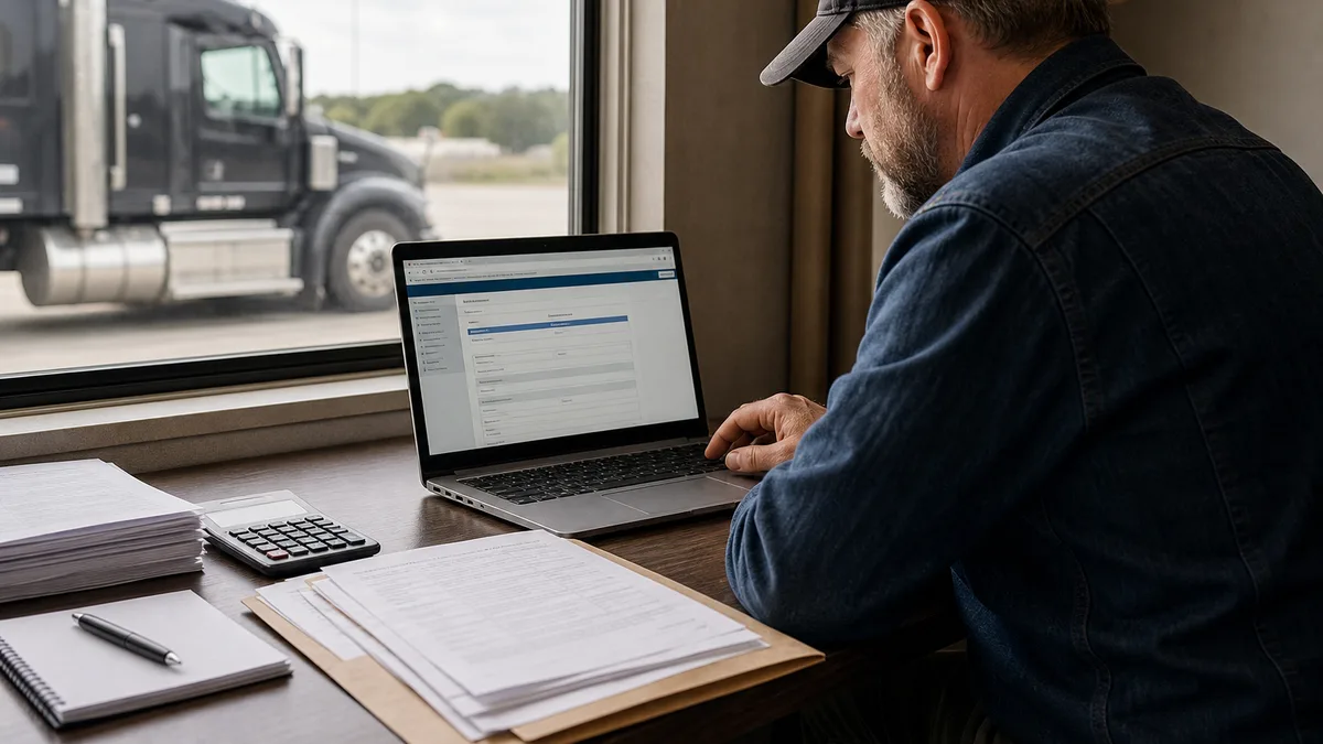 Owner-operator filing UCR registration paperwork at a desk with a truck visible outside
