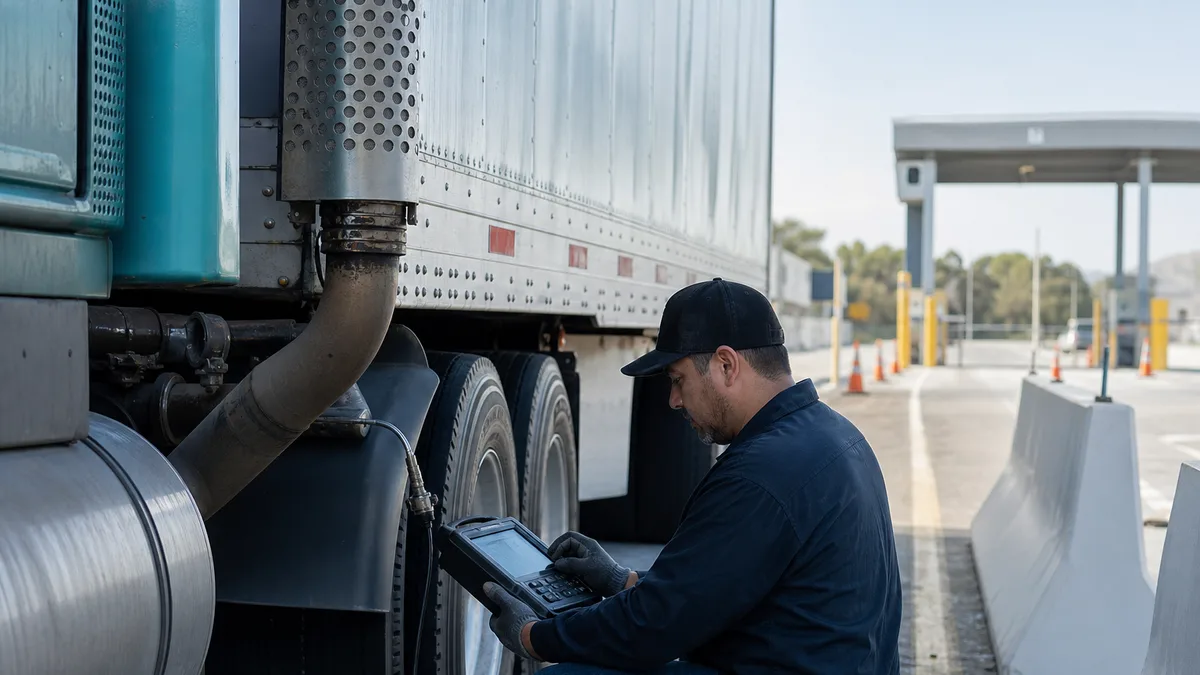 Technician performing a CARB Clean Truck Check emissions test on a diesel semi-truck in California