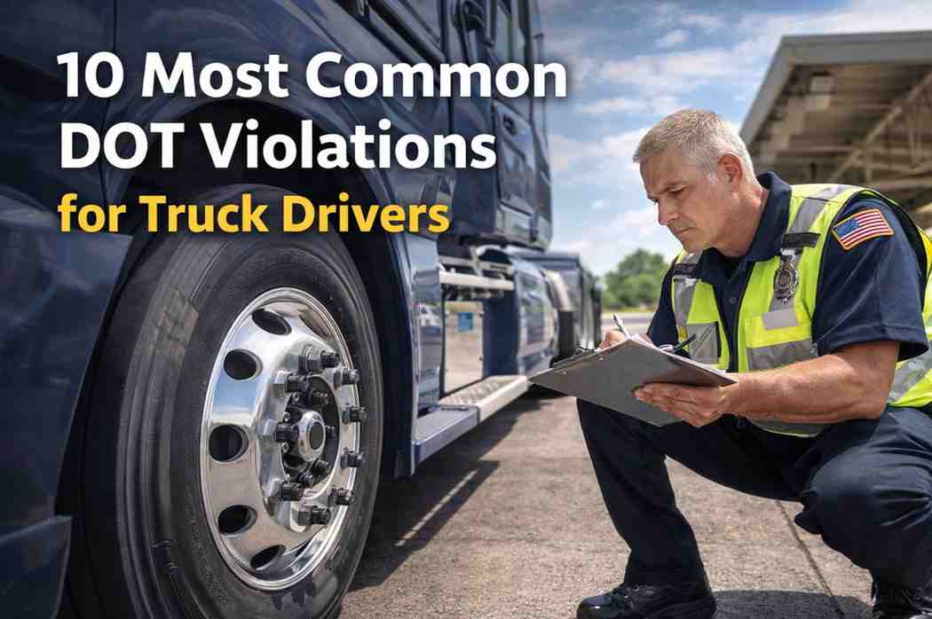 A DOT officer conducting a Level 1 inspection on a commercial semi-truck at a weigh station.
