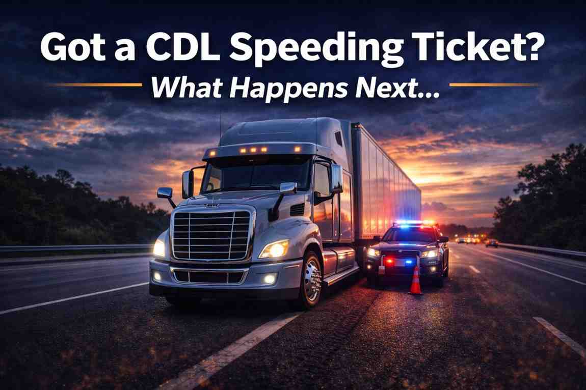 A commercial truck pulled over for a CDL speeding ticket by highway patrol.