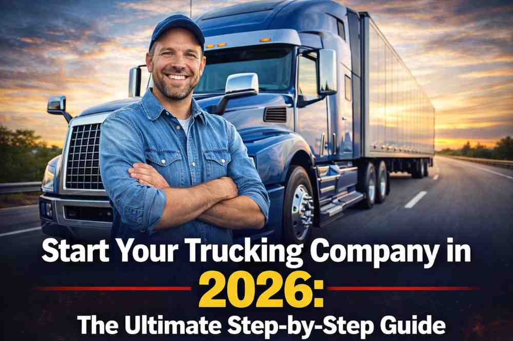 A new owner-operator standing next to a commercial truck, representing how to start a trucking company in the USA.