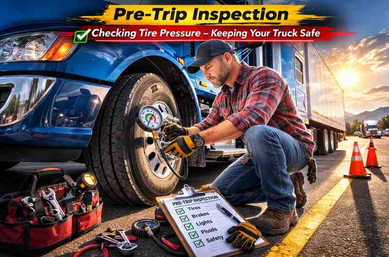 A professional truck driver performing a pre-trip inspection to prevent DOT brake and maintenance violations during Brake Safety Week 2026
