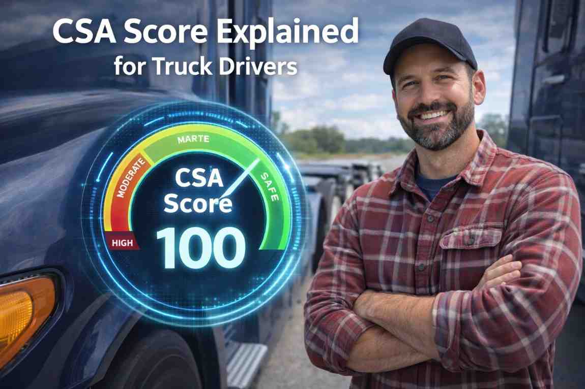 A professional truck driver with a perfect CSA score standing next to his commercial semi-truck.