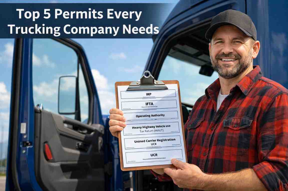 A proud owner-operator holding the top 5 permits every trucking company needs next to his semi-truck.