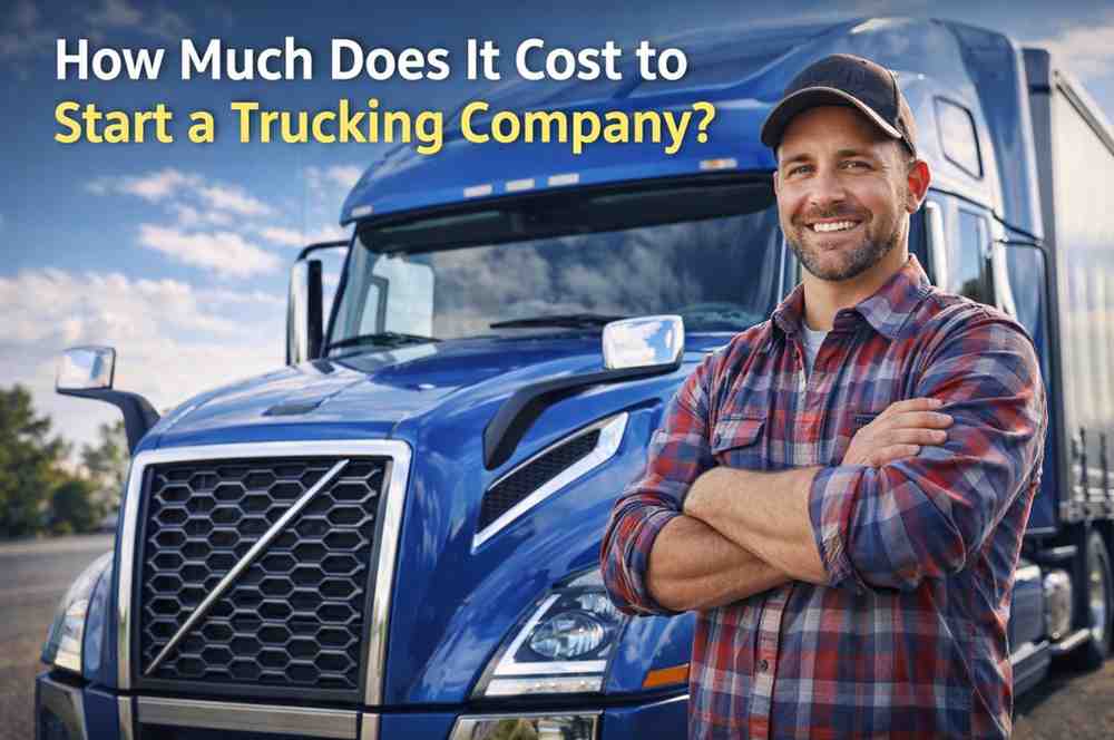 A proud owner-operator standing next to his commercial semi-truck after starting his new trucking company.