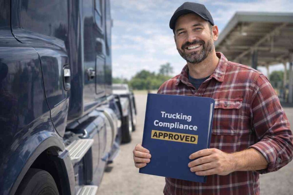 A relieved owner-operator holding his approved trucking compliance documents and permits.