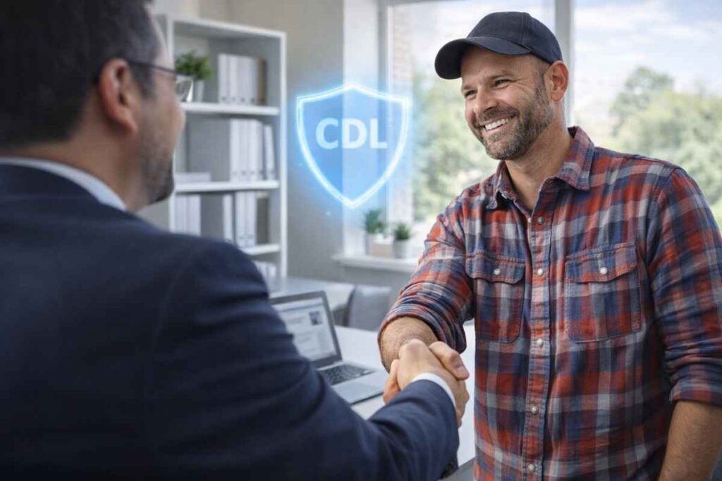 A relieved truck driver using CDL protection services to successfully dismiss a traffic violation.