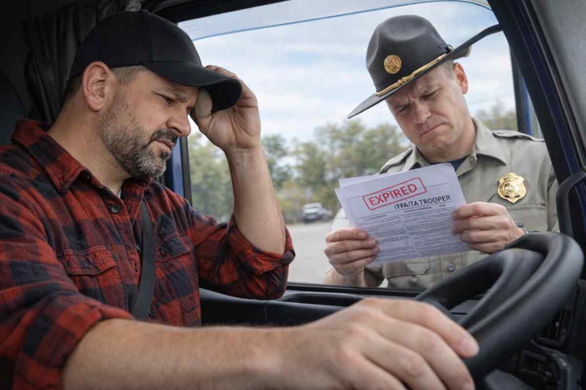A state trooper issuing an Out-of-Service order to an owner-operator for a revoked IFTA license.