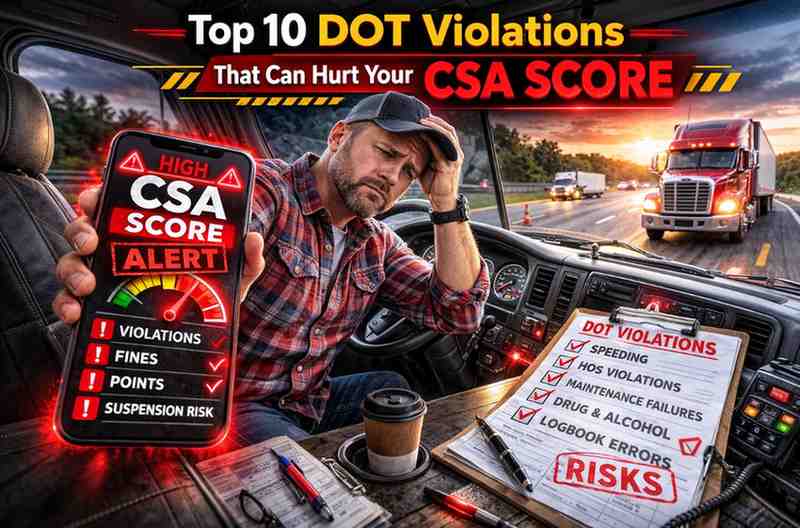 A stressed truck driver checking his high CSA score on a smartphone inside his commercial truck.