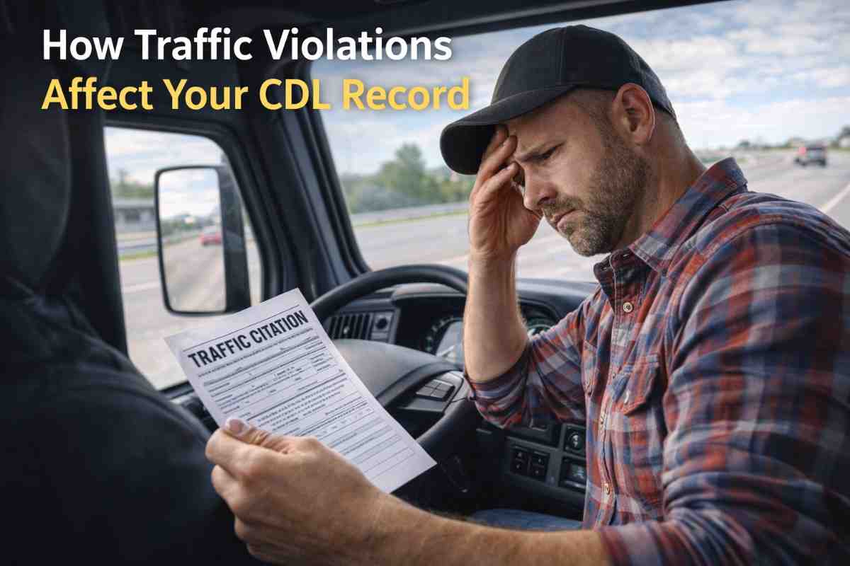 A stressed truck driver holding a citation, wondering how traffic violations affect your CDL record.