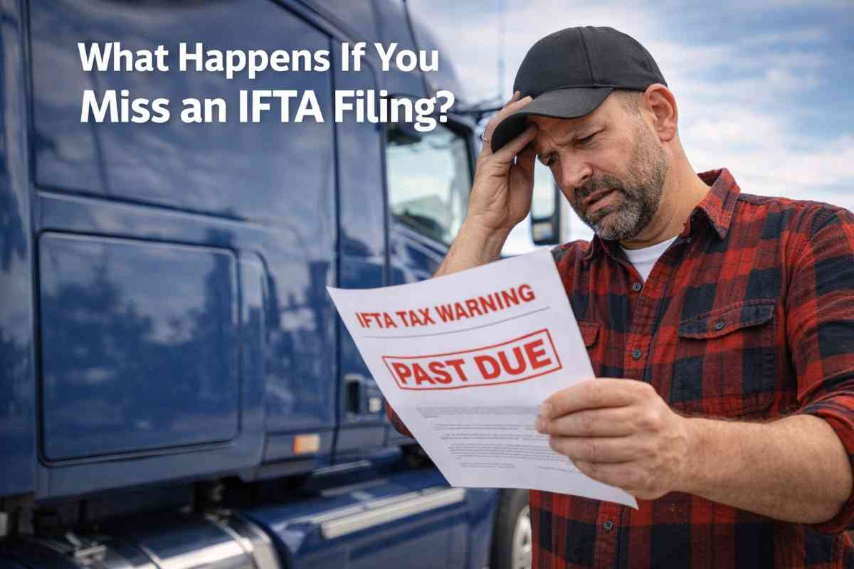 A stressed truck driver holding a past due notice after missing an IFTA filing deadline.