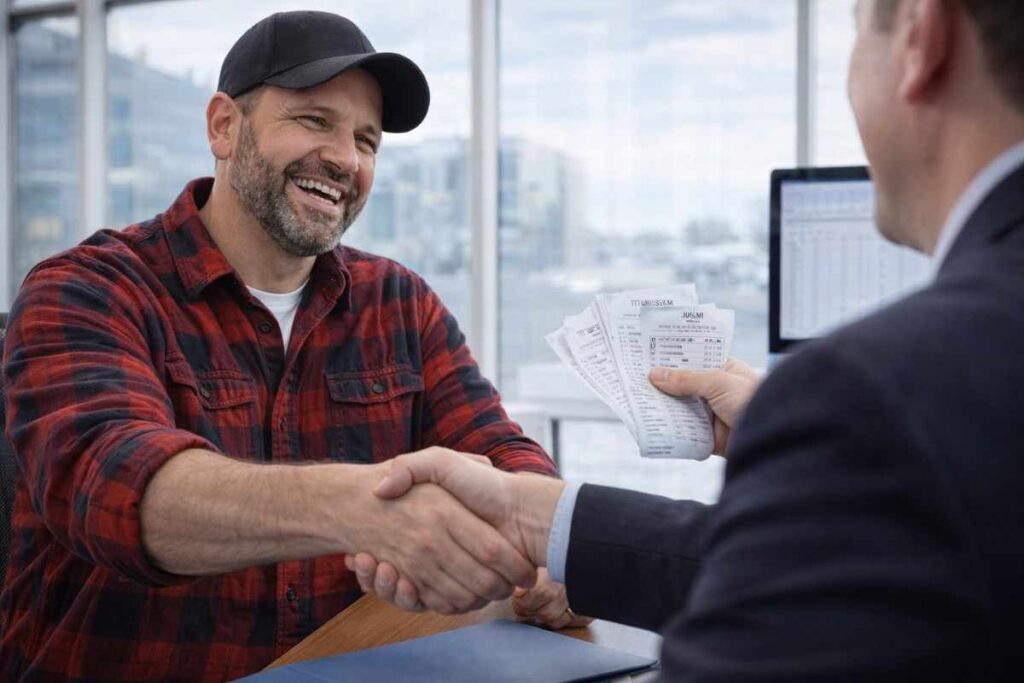 An owner-operator handing over Form 2290 HVUT paperwork to a trucking compliance expert