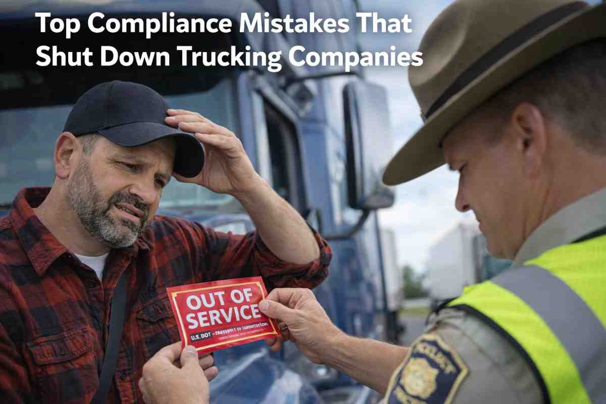 A truck driver receiving an Out of Service order due to compliance mistakes that shut down trucking companies.