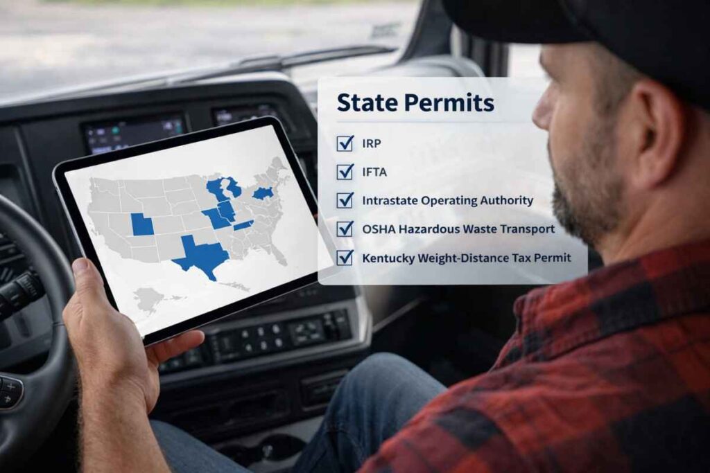 An owner-operator planning his week and reviewing loads on a tablet inside his truck cab