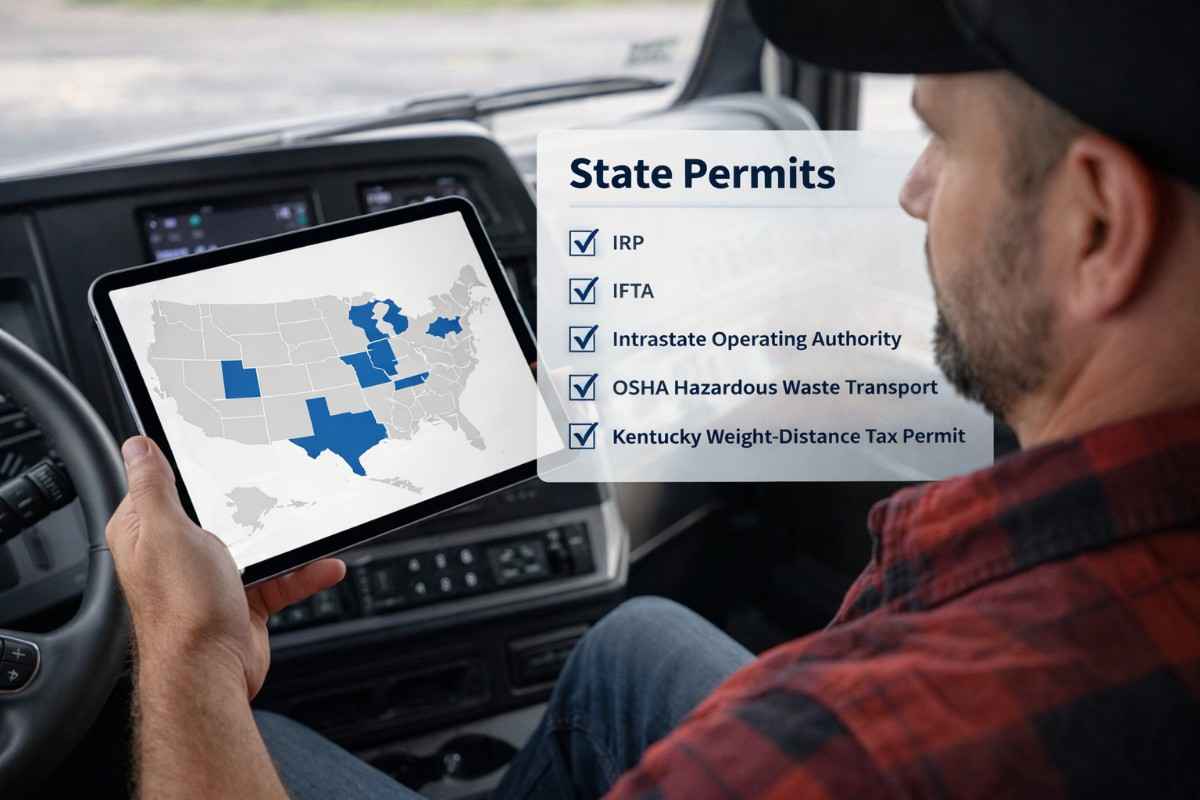 A truck driver reviewing IRP, IFTA, and state weight distance permits on a tablet inside his truck.
