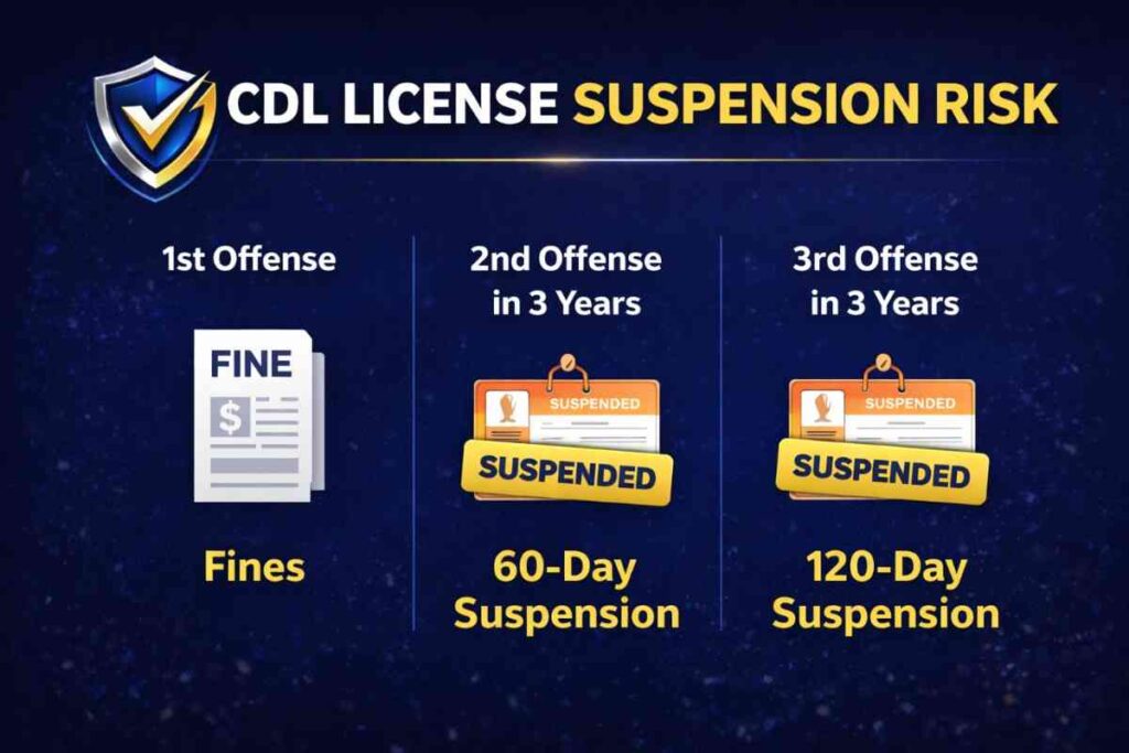 Infographic detailing FMCSA rules for CDL license suspension risks due to serious traffic violations