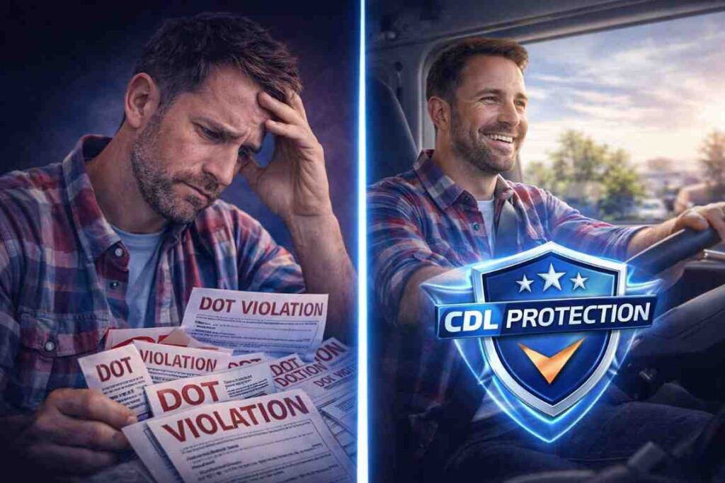 Truck driver protected from DOT violations and speeding tickets by a CDL protection plan.
