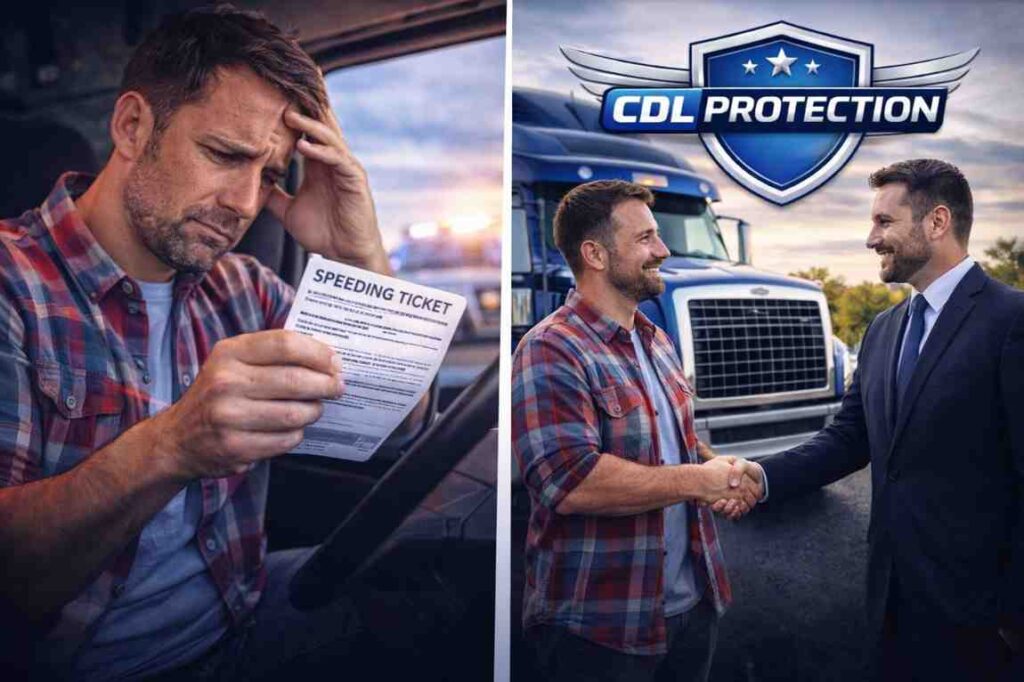 Truck driver receiving legal defense for a CDL speeding ticket through a protection plan.