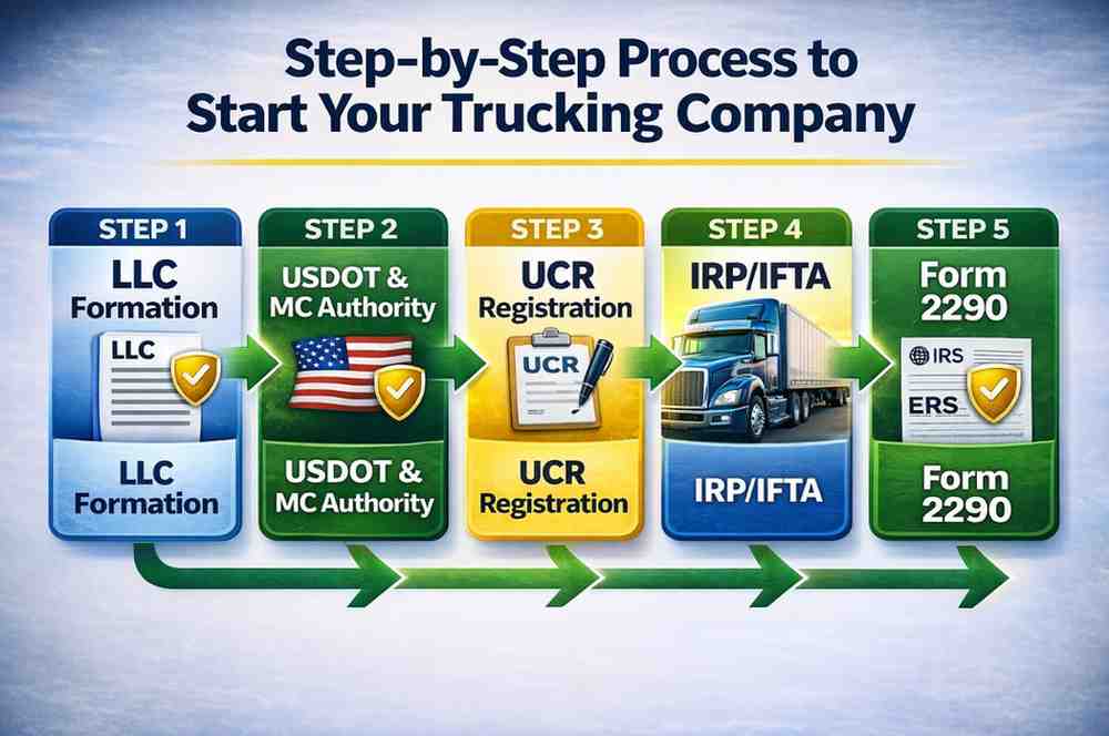 Step-by-step a infographic flowchart showing how to start a trucking company in the USA including LLC, DOT Number, UCR, and IFTA.