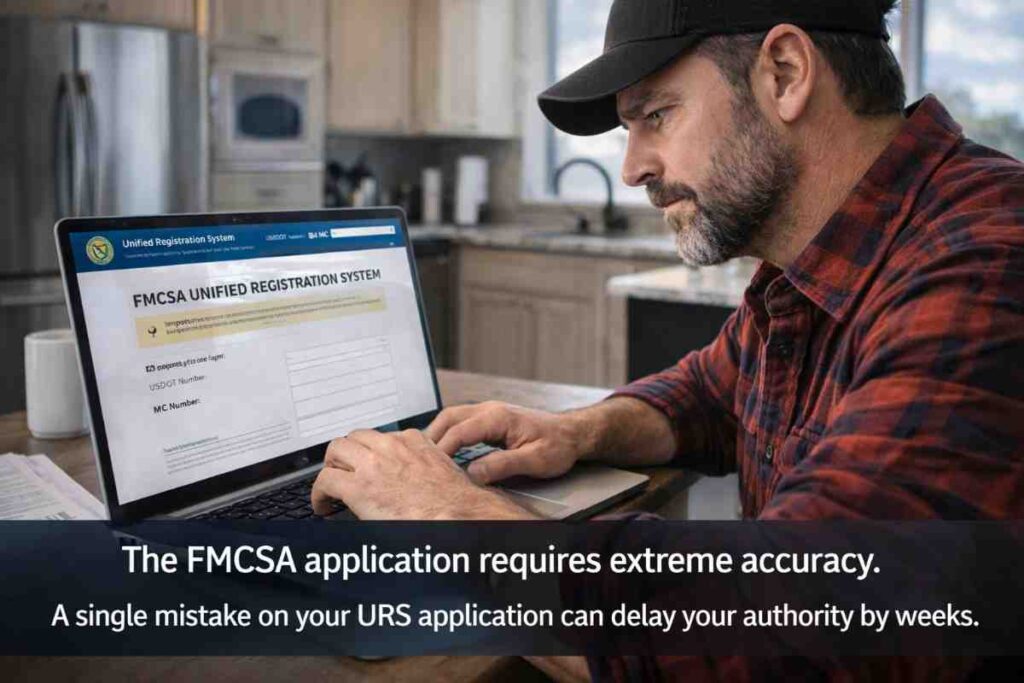 A trucking company owner registering for a USDOT and MC number online in the FMCSA Motus system