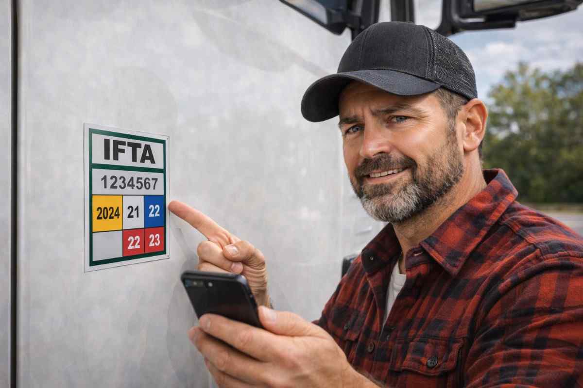 A professional owner-operator showing the International Fuel Tax Agreement (IFTA) decal on his truck.