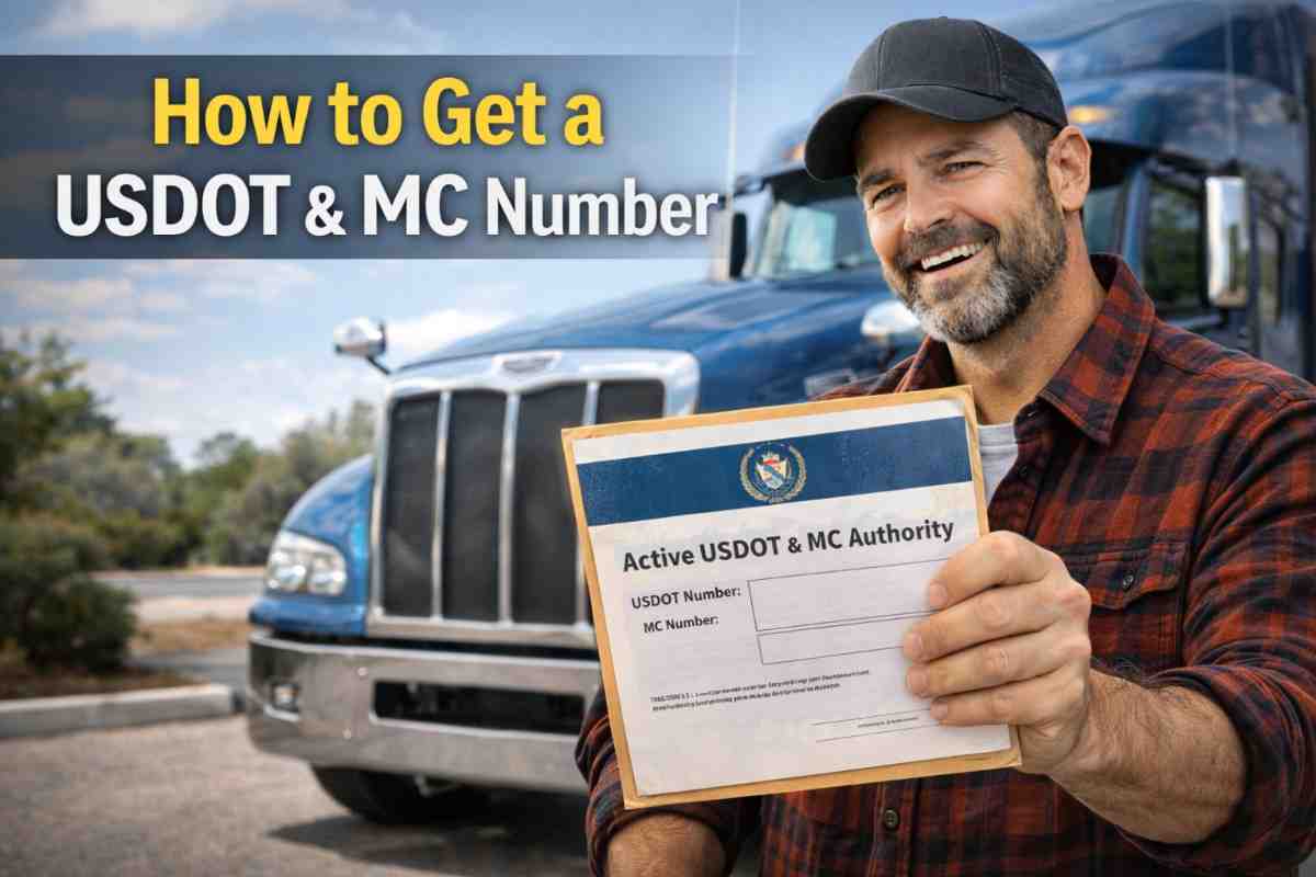 A proud owner-operator holding his active USDOT and MC number certificate next to his truck.