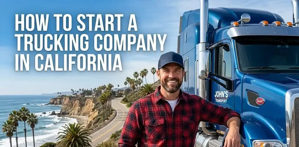 A proud owner-operator learning how to start a trucking company in California next to his semi-truck.