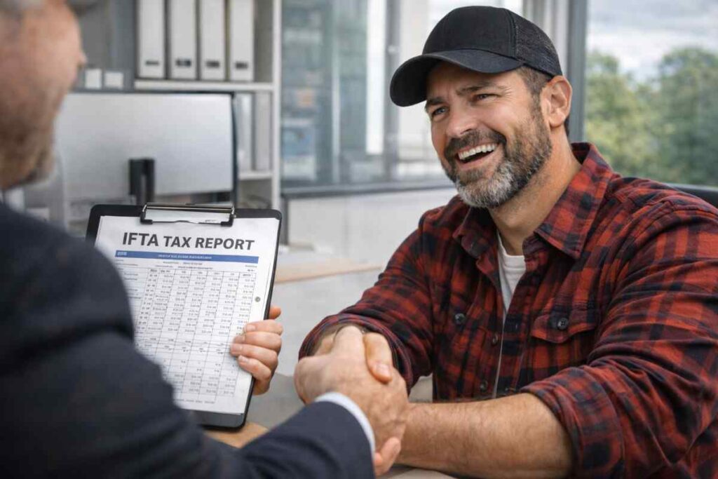 A truck driver carefully reviewing a rate confirmation and broker paperwork to avoid a double-brokering scam