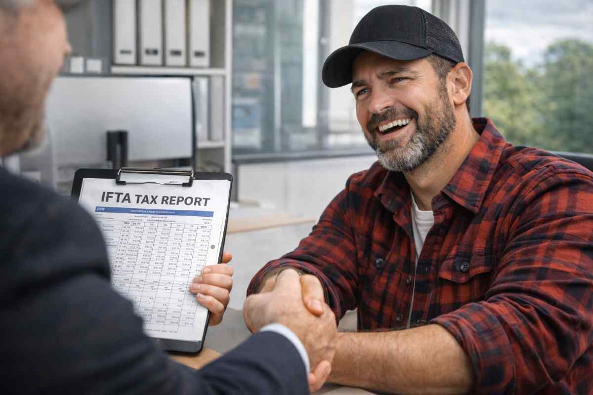 A truck driver outsourcing his International Fuel Tax Agreement filing to a compliance expert.
