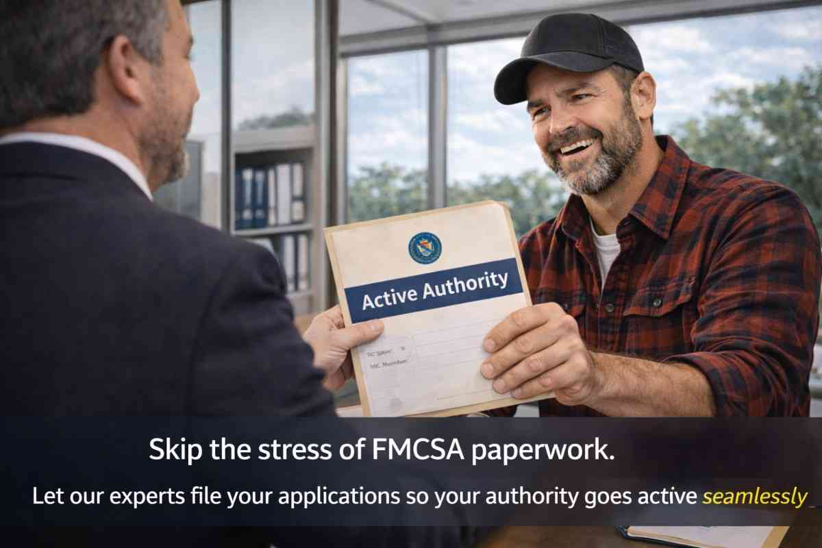 A truck driver securing his active USDOT and MC authority with the help of trucking compliance services.