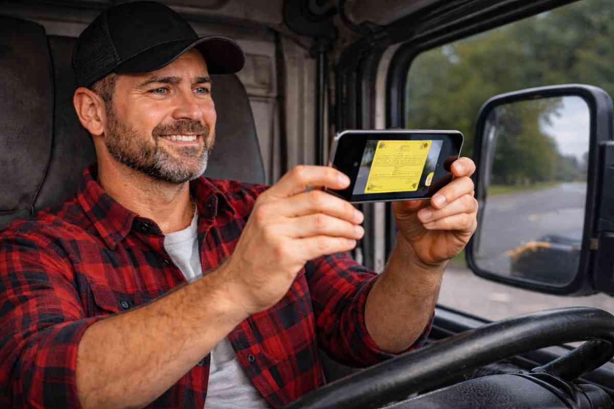 A relieved truck driver uploading his CDL ticket to a compliance service for legal defense.