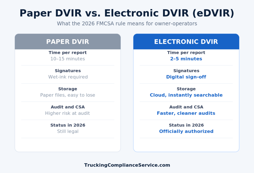 Comparison of paper DVIR vs electronic DVIR for FMCSA compliance in 2026